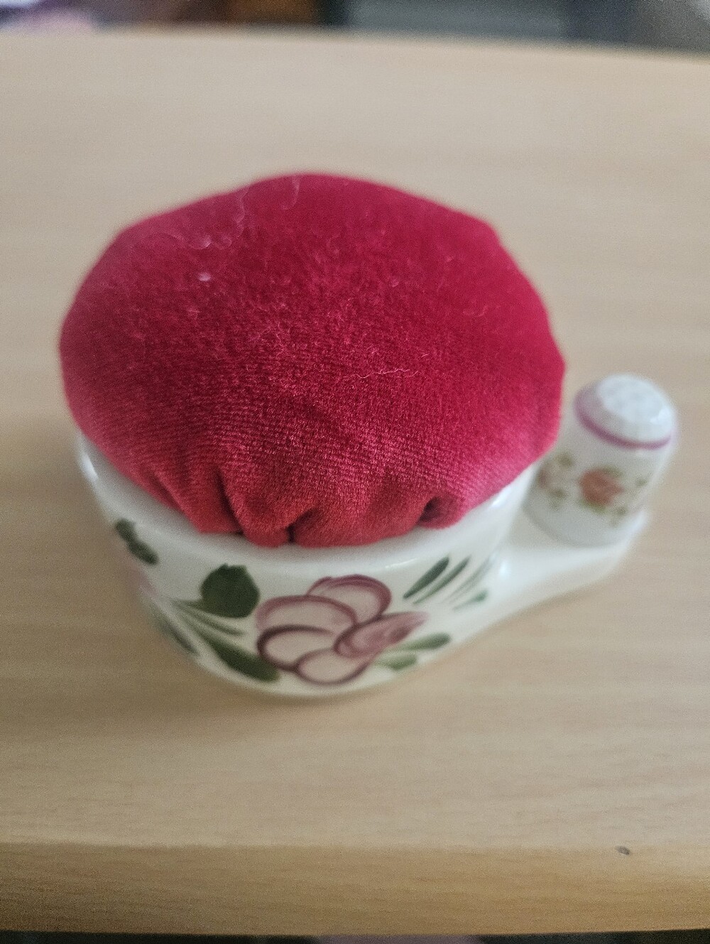 Red Floral Ceramic Pin Cushion - Sewing Accessory German Vintage